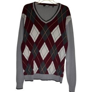 Murano Fine Cotton Long Sleeve Argyle V-Neck Pullover Sweater Men's L Gray/Red